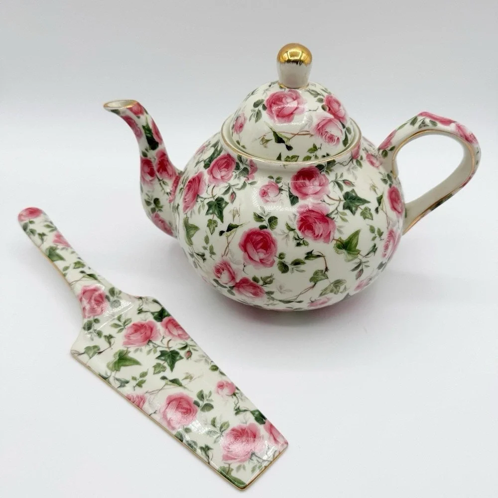 Baum Bros FORMALITIES Tea Pot Victorian Rose Chintz Pink Vtg Ivy Cake Server